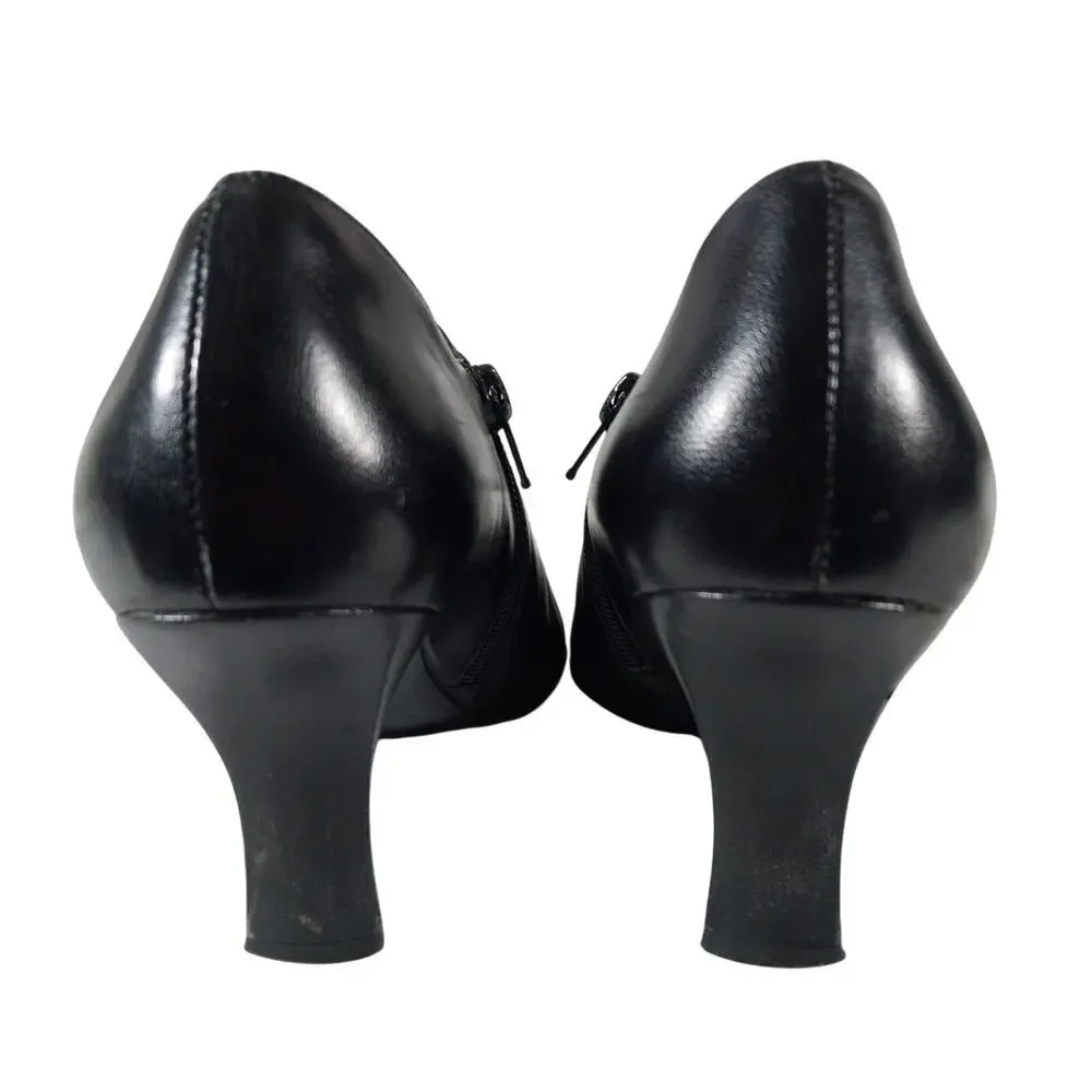 MICHELLE D.! BLACK GENUINE LEATHER POINTY TOE, RECTANGLE HEEL BOOTIES, HEELS! 5M